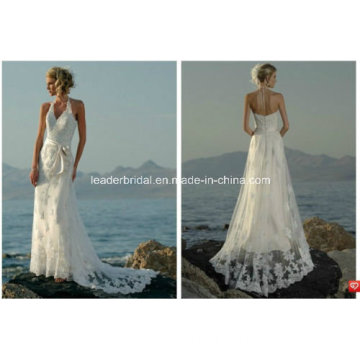 White Halter Lace Ribbon Long Beach Wedding Dress Yao43